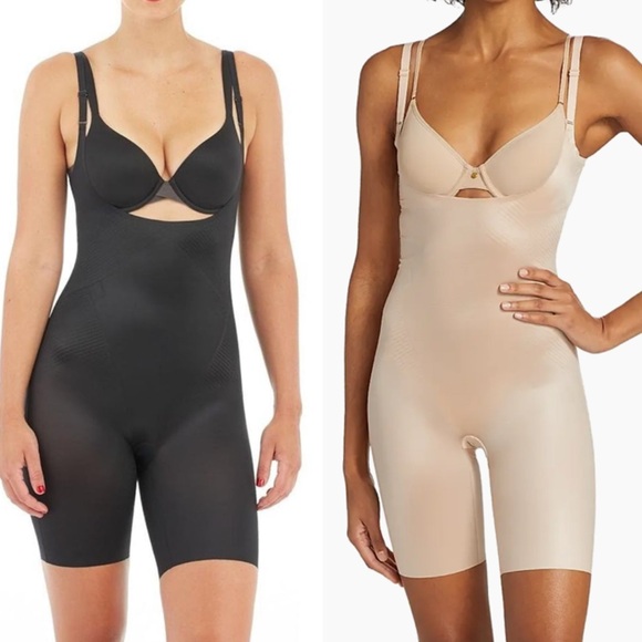 SPANX 1X (SET of 2) Thinstincts Open Bust Mid-thigh Shaper Bodysuit Black nude - Picture 1 of 11
